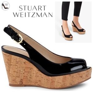 Stuart Weitzman Jean Black Leather Cork Wedge Platform Sandals  Summer Heels 9.5